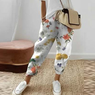 Pantalon décontracté en coton et lin pour femme, couleur unie