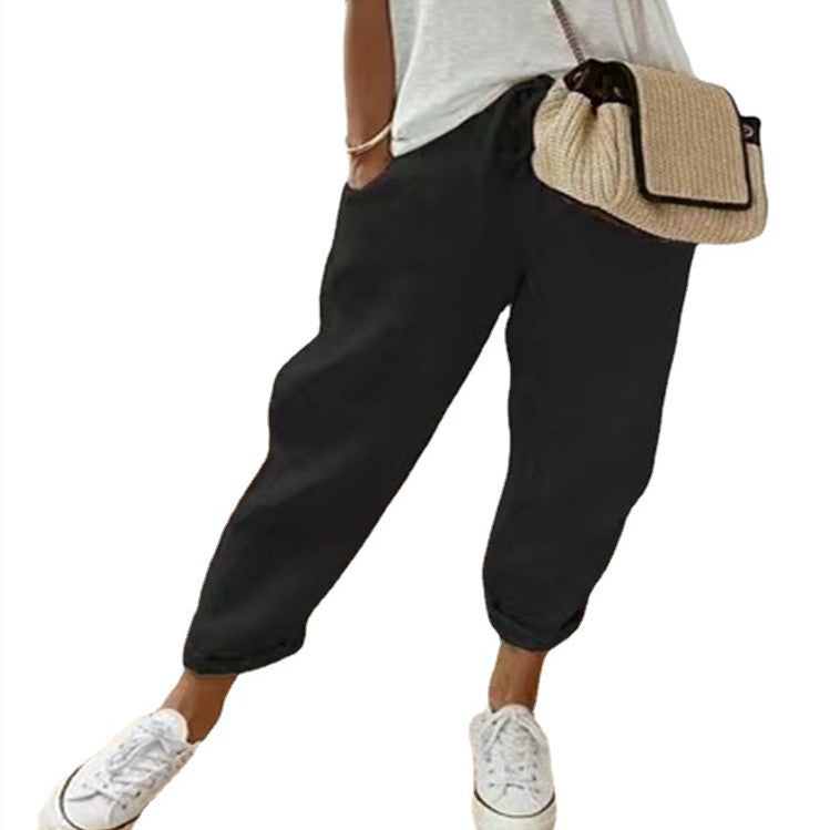 Pantalon décontracté en coton et lin pour femme, couleur unie