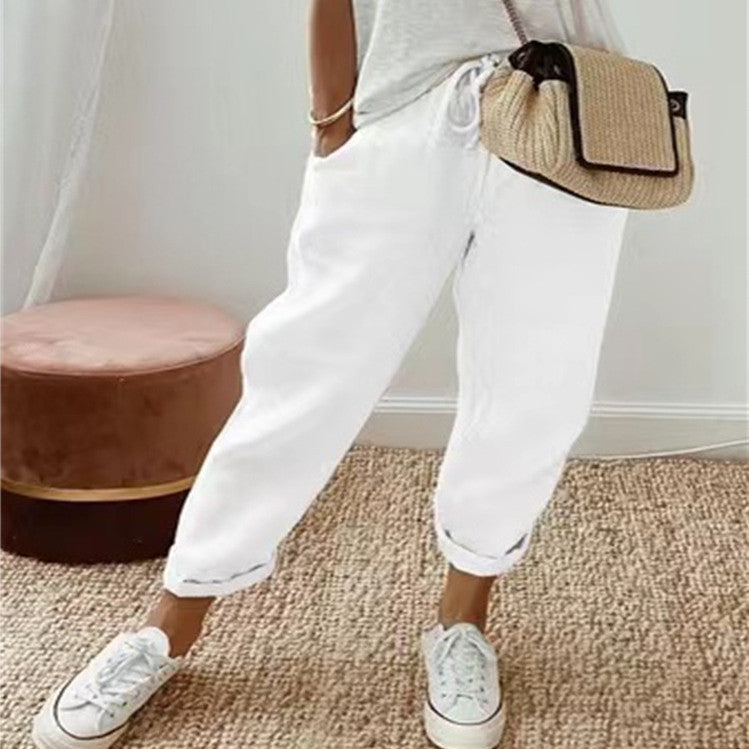 Pantalon décontracté en coton et lin pour femme, couleur unie
