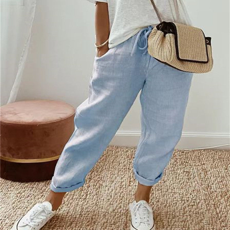 Pantalon décontracté en coton et lin pour femme, couleur unie