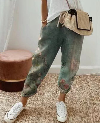 Pantalon décontracté en coton et lin pour femme, couleur unie
