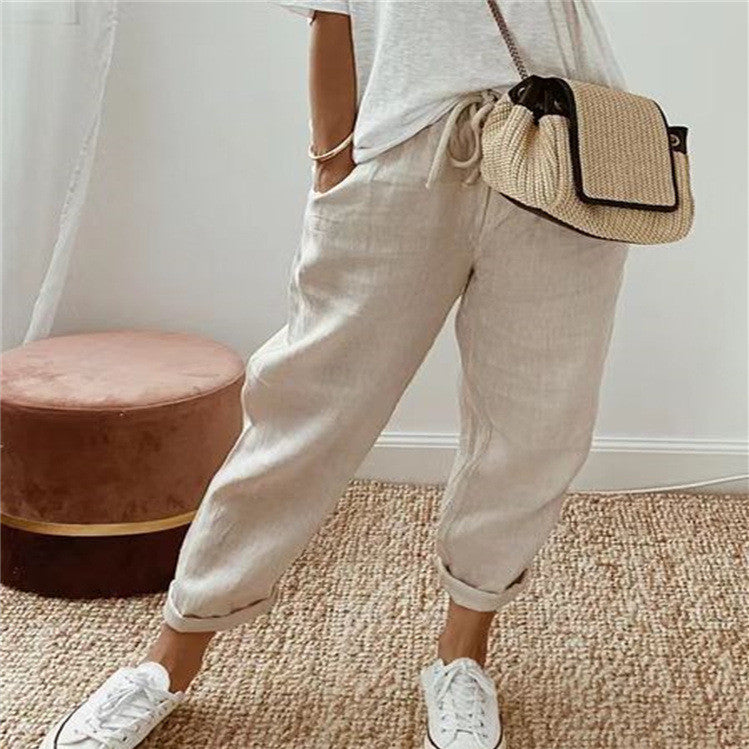 Pantalon décontracté en coton et lin pour femme, couleur unie