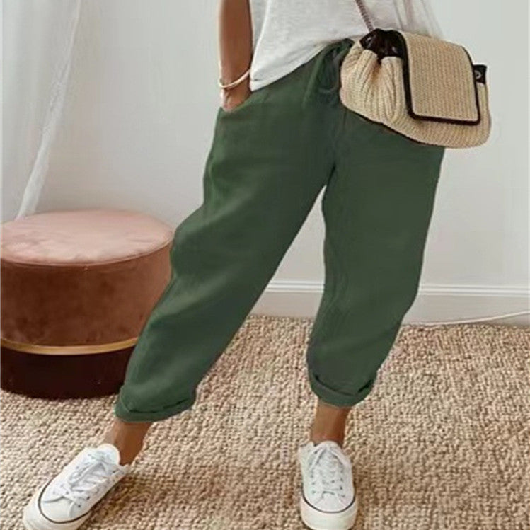 Pantalon décontracté en coton et lin pour femme, couleur unie