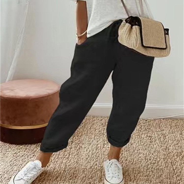 Pantalon décontracté en coton et lin pour femme, couleur unie