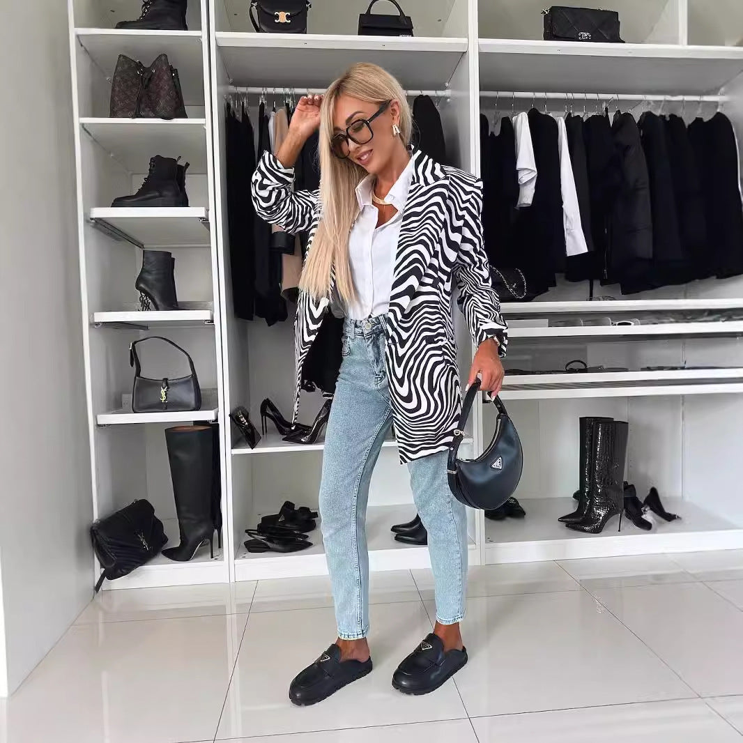 Personality Zebra Pattern Long Sleeve Suit Coat Women